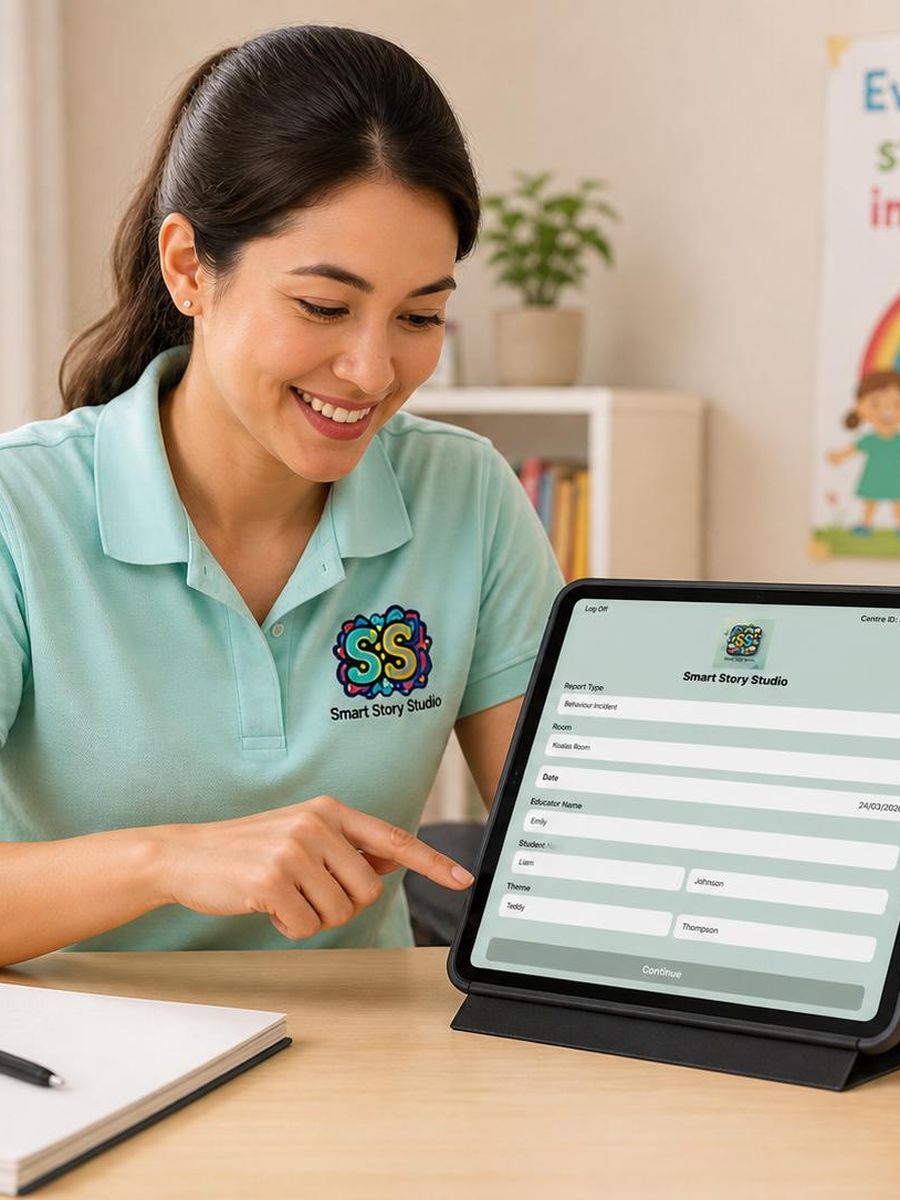 Smart Story Studio educator using the app on a tablet at her centre